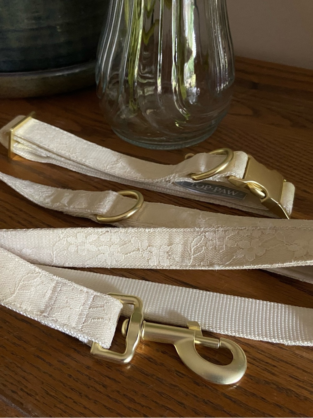Top Paw Ivory Lace Dog Leash (4ft) and Collar (L) Set, Gold Hardware